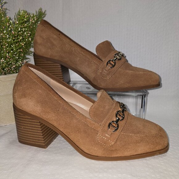 ALEX MARIE 4 FEATURE TECHNOLOGY CHUNKY HEELED TAN SUEDE LOAFERS CHAIN DETAIL 8 - Picture 3 of 9